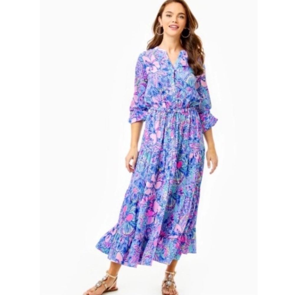 Lilly Pulitzer Cori Floral Midi Dress Womens Size 2 Coastal Preppy Wedding Guest